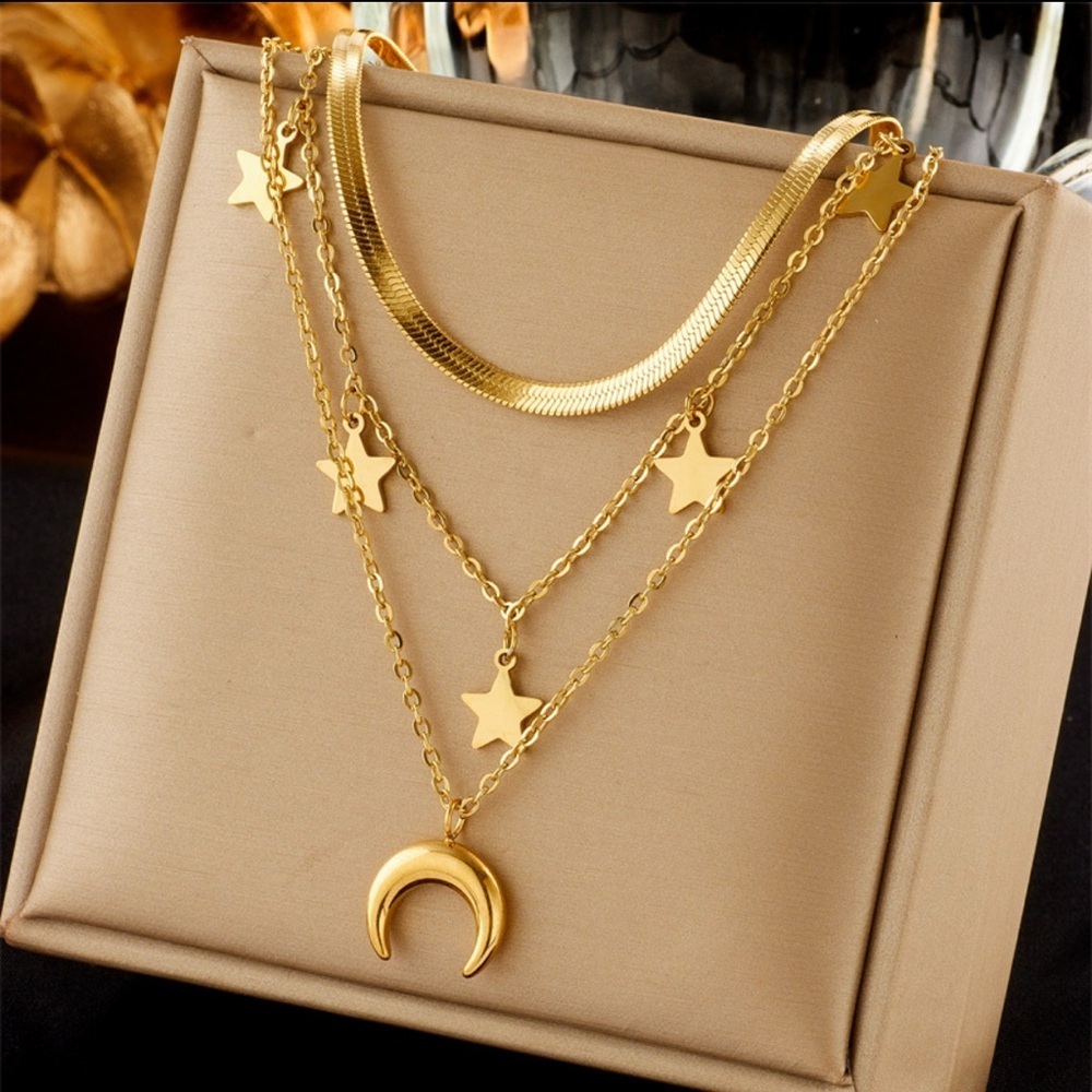 18K Gold Moon & Stars Celestial Bohemian Vintage Style Layered Necklace No Fade - Picture 7 of 14